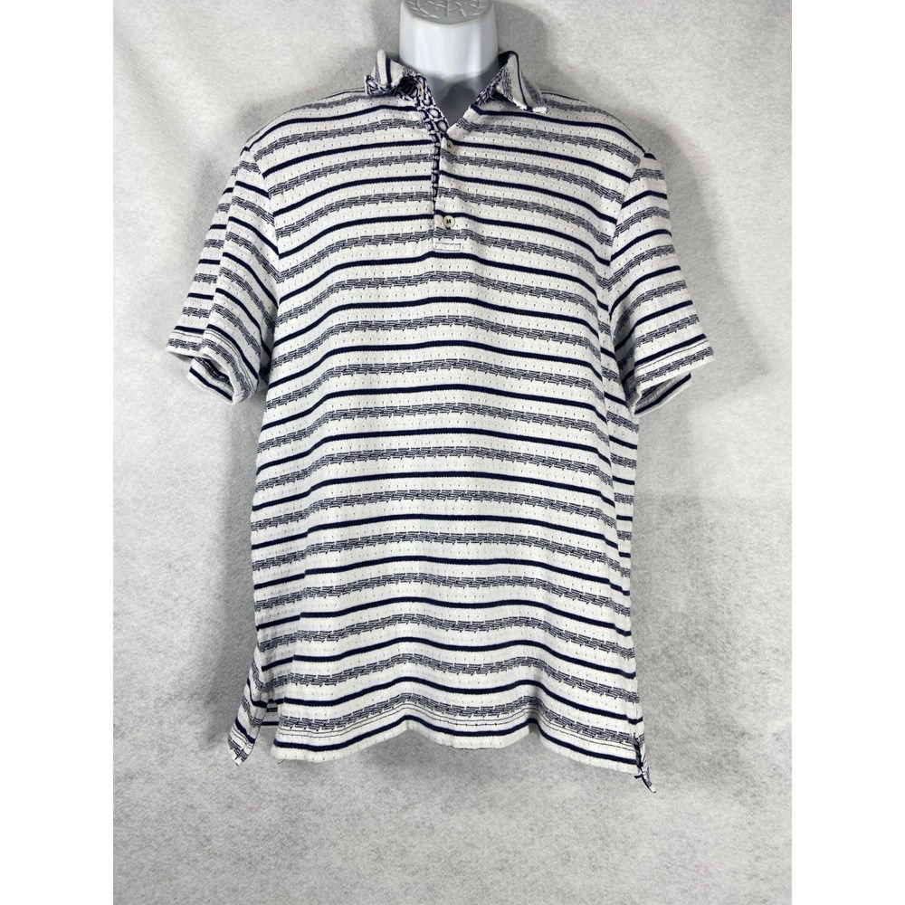 Mr. Turk Knit Polo Shirt Men's XL White Blue Short Sleeve  Cotton Striped Preppy